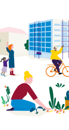 Illustratie van een buurt met een woongebouw, buurtbewoners en iemand die tuiniert